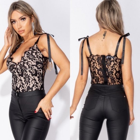 Tops - Black Lace Sleeveless V-Neck Bodycon Bodysuit Top Leotard